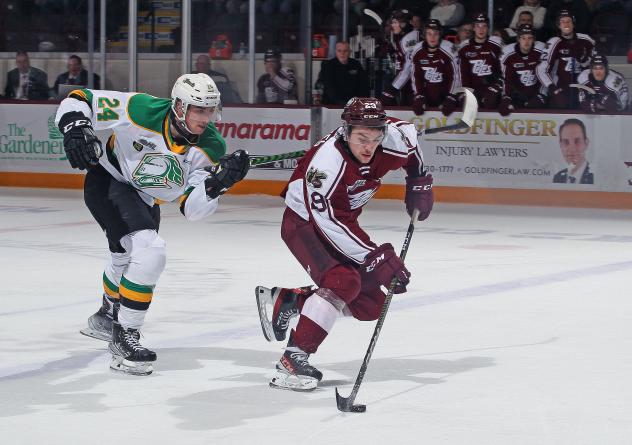 London Knights' Logan Mailloux versus Peterborough Petes' Brian Zanetti